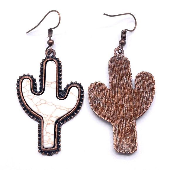 Copper with White Turquoise Boho Southwestern Cactus Hook Earrings - Picture 5 of 6